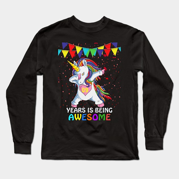 9th Birthday Dabbing Unicorn Party Gift 9 Years Old Girls Long Sleeve T-Shirt by janetradioactive